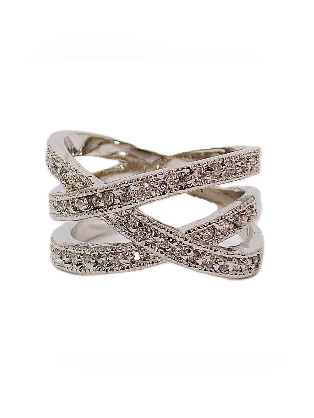 Clear cubic zirconia stone band ring with criss cross rows of stones Size 8 New